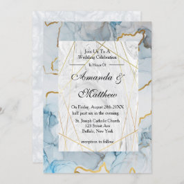 Dusty Blue en Gold Marble Wedding Invitations