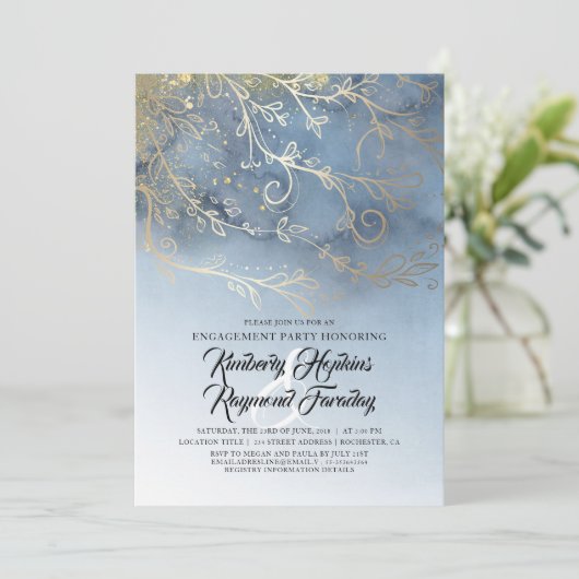 Dusty Blue en Gold Modern Engagement Party Kaart (Staand voorkant)