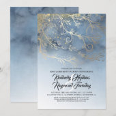 Dusty Blue en Gold Modern Engagement Party Kaart (Voorkant / Achterkant)