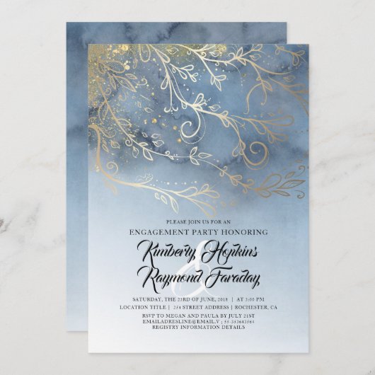 Dusty Blue en Gold Modern Engagement Party Kaart (Voorkant / Achterkant)