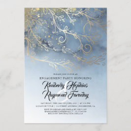 Dusty Blue en Gold Modern Engagement Party Kaart