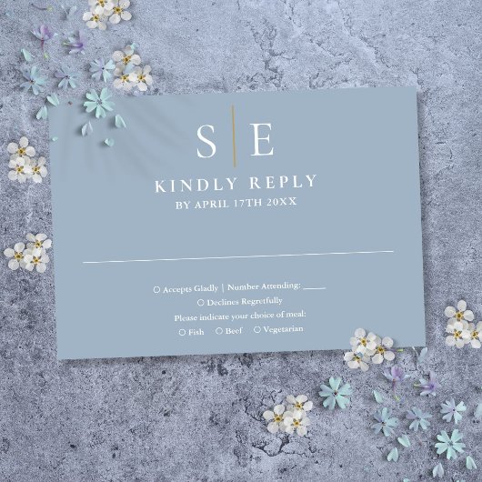 Dusty Blue en Gold Monogram Weddenschap RSVP Kaartje