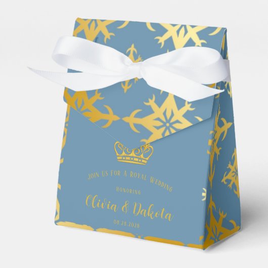 Dusty Blue en Gold Royal Crown Wedding Bedankdoosjes (Voorkant Zijde)