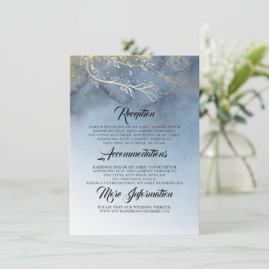 Dusty Blue en Gold trouwinformatie Informatiekaartje (Staand voorkant)