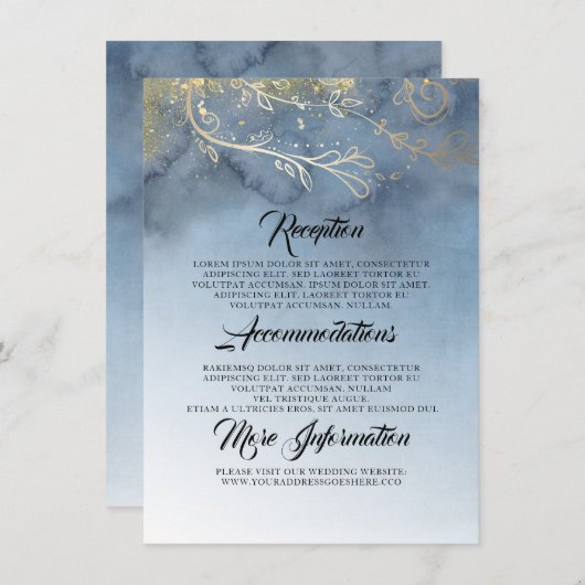 Dusty Blue en Gold trouwinformatie Informatiekaartje (Voorkant / Achterkant)