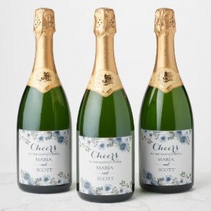 Dusty Blue en Gray Floral Botanical Wedding Cha Sparkling Wijnetiket