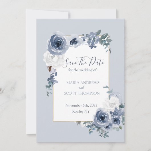 Dusty Blue en Gray Floral Botanical Wedding Save The Date (Voorkant)