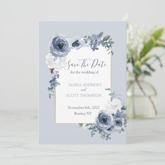 Dusty Blue en Gray Floral Botanical Wedding Save The Date (Staand voorkant)