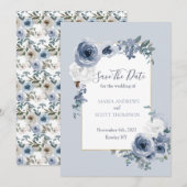 Dusty Blue en Gray Floral Botanical Wedding Save The Date (Voorkant / Achterkant)