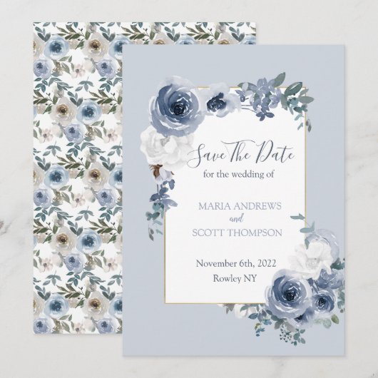 Dusty Blue en Gray Floral Botanical Wedding Save The Date (Voorkant / Achterkant)