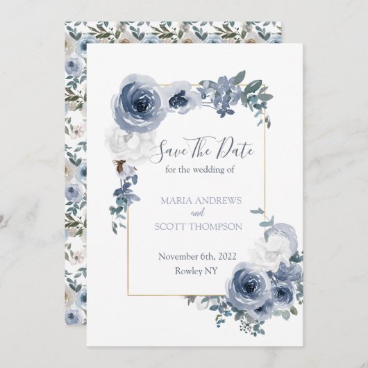 Dusty Blue en Gray Floral Botanical Wedding Save The Date (Voorkant / Achterkant)