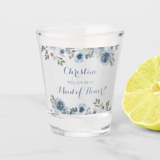 Dusty Blue en Gray Floral Botanical Wedding Shot Glas (Voorkant)
