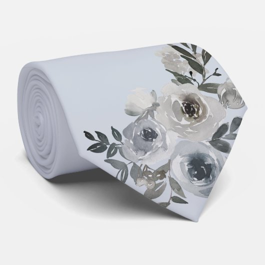 Dusty Blue en Gray Floral Vader van de Bride Stropdas (Opgerold)