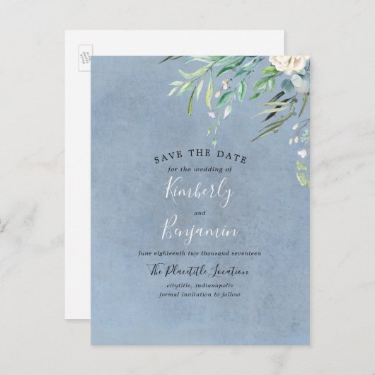 Dusty Blue en Greenery Save the Date Aankondigingskaart (Voorkant / Achterkant)
