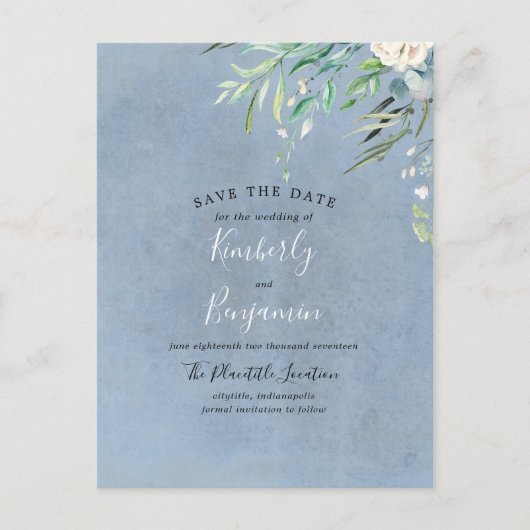 Dusty Blue en Greenery Save the Date Aankondigingskaart (Voorkant)