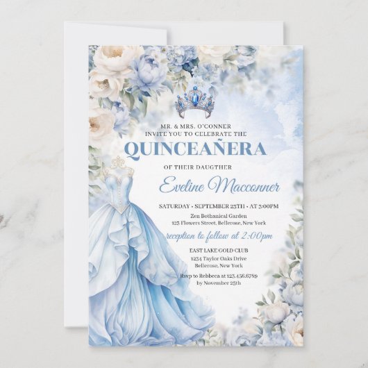 Dusty Blue en Ivory Bloemen Blauwe Prinses Jurk Kaart (Voorkant)