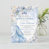 Dusty Blue en Ivory Bloemen Blauwe Prinses Jurk Kaart (Staand voorkant)
