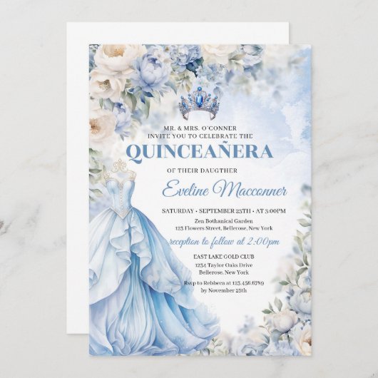 Dusty Blue en Ivory Bloemen Blauwe Prinses Jurk Kaart (Voorkant / Achterkant)