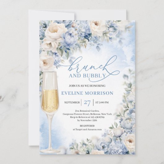 Dusty Blue en Ivory Bloemen brunch en bubbels Kaart (Voorkant)