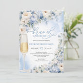 Dusty Blue en Ivory Bloemen brunch en bubbels Kaart (Staand voorkant)