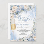 Dusty Blue en Ivory Bloemen brunch en bubbels Kaart (Voorkant / Achterkant)