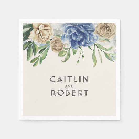 Dusty Blue en Ivory  Flowers Bruiloft Servet (Voorkant)