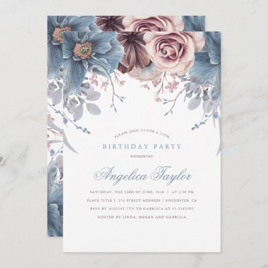 Dusty Blue en Mauve Bloemen Verjaardagsfeest Kaart (Voorkant / Achterkant)