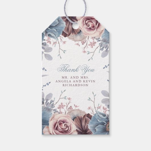 Dusty Blue en Mauve Bloemenbruiloft Cadeaulabel (Voorkant)