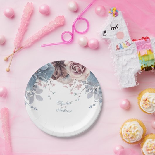 Dusty Blue en Mauve Bloemenbruiloft Papieren Bordje (Feest)