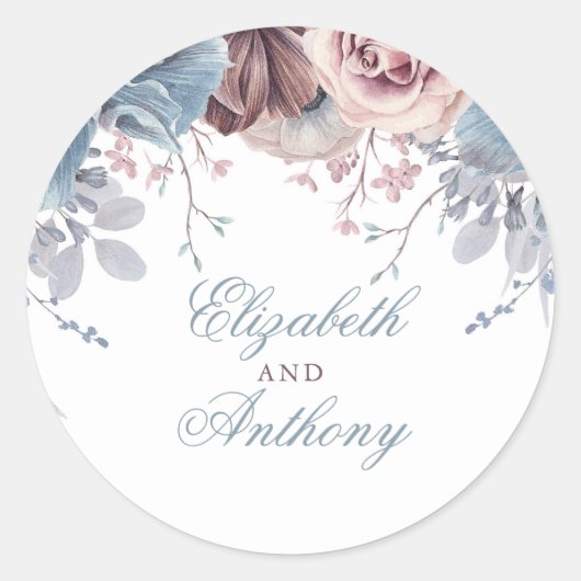 Dusty Blue en Mauve Bloemenbruiloft Ronde Sticker (Voorkant)
