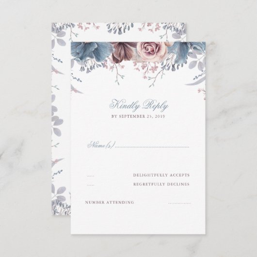 Dusty Blue en Mauve Bloemenbruiloft RSVP (Voorkant / Achterkant)