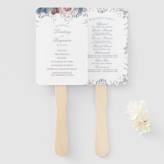 Dusty Blue en Mauve Floral bruiloft programma Handwaaier (Voorkant en achterkant)