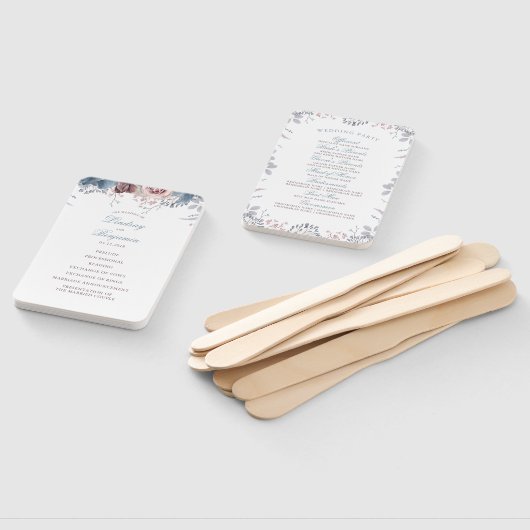 Dusty Blue en Mauve Floral bruiloft programma Handwaaier (Niet-gemonteerd)