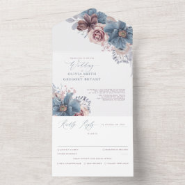 Dusty Blue en Mauve Floral Elegant Wedding All In One Uitnodiging