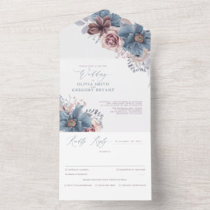 Dusty Blue en Mauve Floral Elegant Wedding All In One Uitnodiging