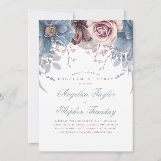 Dusty Blue en Mauve Floral Engagement Party Kaart (Voorkant)