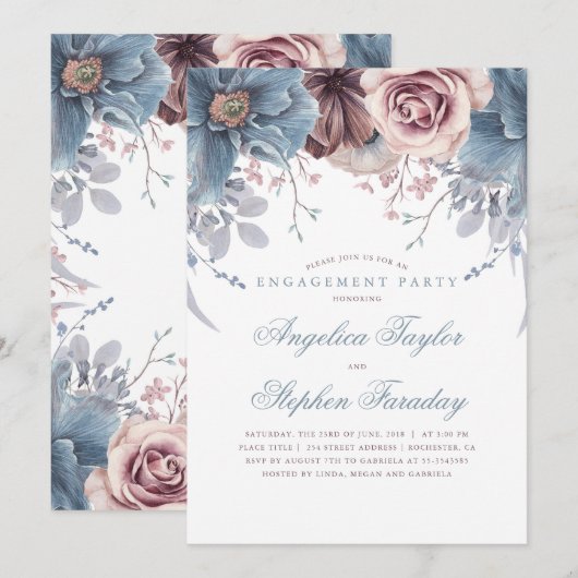Dusty Blue en Mauve Floral Engagement Party Kaart (Voorkant / Achterkant)
