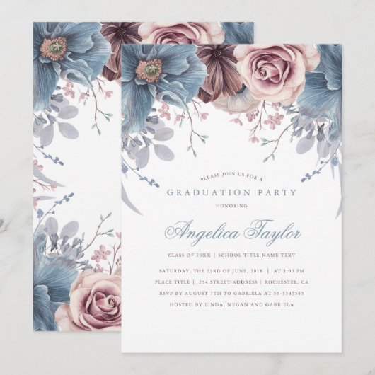 Dusty Blue en Mauve Floral Graduation Party Kaart (Voorkant / Achterkant)