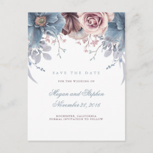 Dusty Blue en Mauve Floral Save the Date Aankondigingskaart