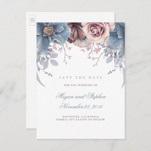 Dusty Blue en Mauve Floral Save the Date Aankondigingskaart (Voorkant / Achterkant)