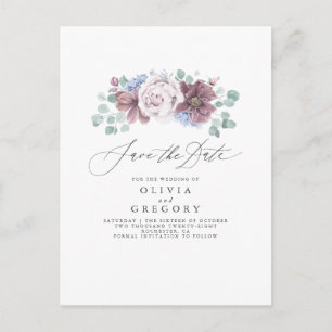 Dusty Blue en Mauve Floral Save The Date Kaart