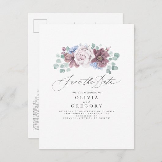 Dusty Blue en Mauve Floral Save The Date Kaart (Voorkant / Achterkant)