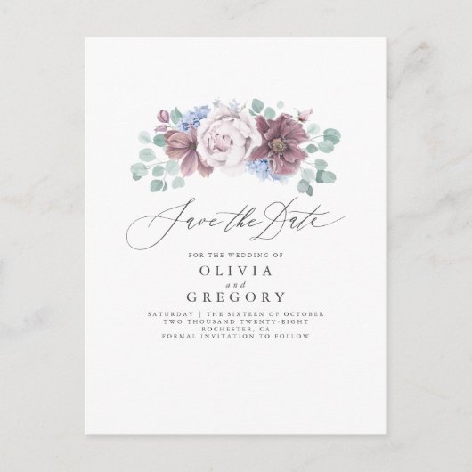 Dusty Blue en Mauve Floral Save The Date Kaart (Voorkant)