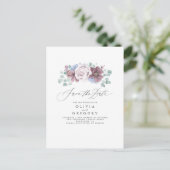 Dusty Blue en Mauve Floral Save The Date Kaart (Staand voorkant)
