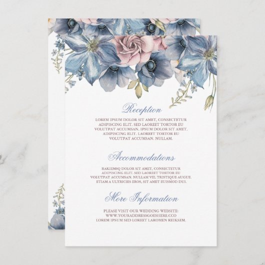 Dusty Blue en Mauve Waterverf Floral Wedding Informatiekaartje (Voorkant / Achterkant)