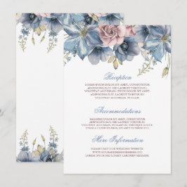 Dusty Blue en Mauve Waterverf Floral Wedding Informatiekaartje