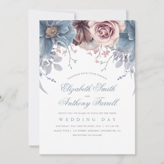 Dusty Blue en Mauve Waterverf Floral Wedding Kaart (Voorkant)