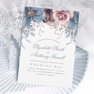 Dusty Blue en Mauve Waterverf Floral Wedding Kaart