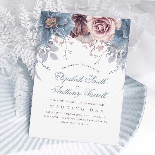 Dusty Blue en Mauve Waterverf Floral Wedding Kaart
