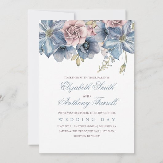 Dusty Blue en Mauve Waterverf Floral Wedding Kaart (Voorkant)